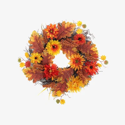 The Range Large Autumn Daisy Maple Leaf Wreath Hanging Decoration - Orange