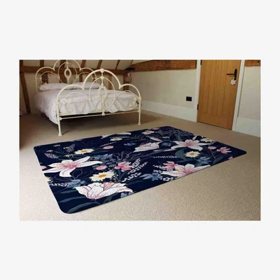 The Range Tropical White  Pink Flowers Rug - Black / 230cm