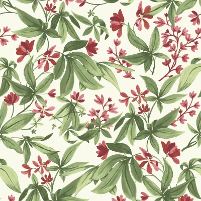 The Range Morgan Hand painted Leaves Flowers Textured Wallpaper - Deep Red Green