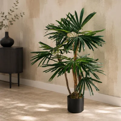 The Range Realistic Potted Artificial Palm and Tropical Trees - 100cm Finger Palm / 80.0cm / 100.0cm / Artificial Raphis Palm tree with silk leaves and natural