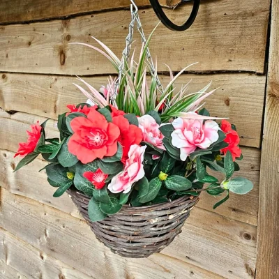 The Range Best Artificial 10 Inch Pink & Red Azalea Flower with Rattan Wicker Hanging Basket - Red & Pink