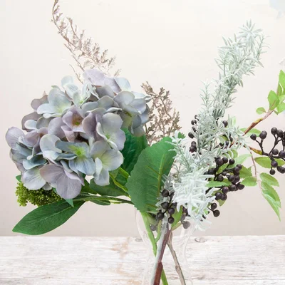 The Range Hydrangea Bouquet with Silver, Sparkle Foliage by Peony - Dusky blues with natural foliage and dark berries