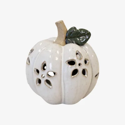 The Range Small LED Pumpkin with Open Flower Detail Porcelain Decoration - Cream