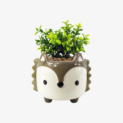 The Range Ceramic Grey Fox Planter Artificial Crassula Plant - Green