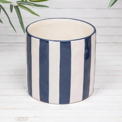 The Range Blue & White Striped Ceramic Glazed Indoor Flower Pot - Black