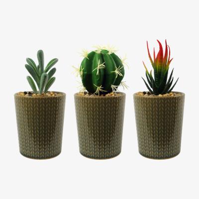 The Range Set of Three Ceramic Stone Stripe Planter Artificial Succulents - Green