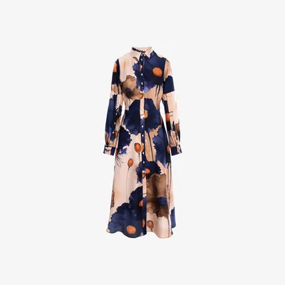 Wolf & Badger Women's Blue Printed Satin Dress With Navy Flowers | Extra Large | Izabela Mandoiu