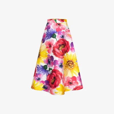 Wolf & Badger Women's Yellow / Purple / Red Summer Flowers Midi Skirt | Extra Small | Marianna Déri