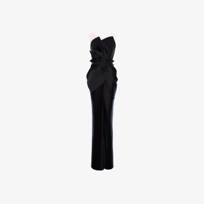 Wolf & Badger Women's Black Victoria Satin Dress With Oversized Flower Applique | Extra Large | Acob À Porter