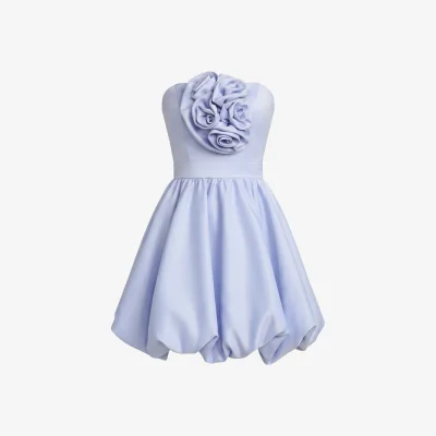Wolf & Badger Women's Blue Strapless Bubble Hem Mini Dress With 3D Flowers | Large | Mac Duggal