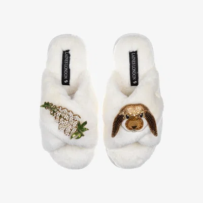 Wolf & Badger Women's Classic Laines Slippers With Bunny & White Foxglove Flowers Brooches - Cream | Large | Laines London