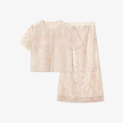 Wolf & Badger Embroidery White Flower Cream Pink Wedding Co-Set Skirt Vest | Extra Small | Wjy Studio London
