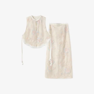 Wolf & Badger Embroidery White Flower Cream Pink Wedding Co Set | Extra Small | Wjy Studio London