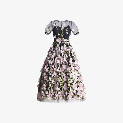 Wolf & Badger Women's Black / Pink / Purple Dress Fabiola  With Flowers | Xxs | Matsour'i