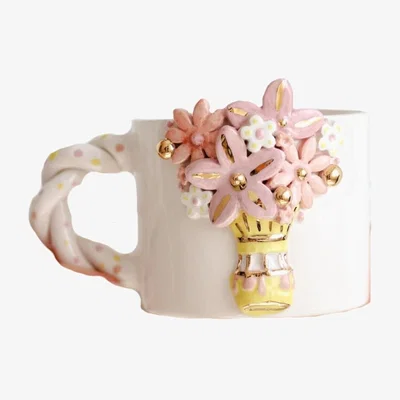 Wolf & Badger Pink / Purple / Yellow Blooming Bouquet Mug With Floral Basket & Hand-Painted Pastel Flowers – Artisan Ceramic Mug | Anatoliacraft
