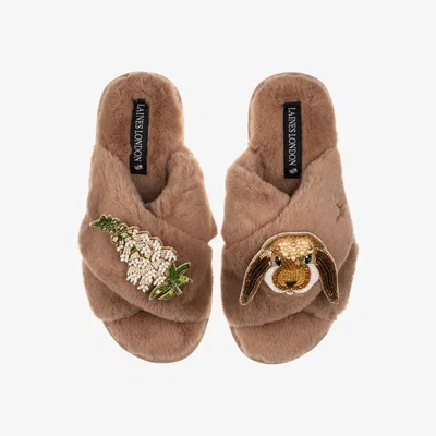Wolf & Badger Women's Brown Classic Laines Slippers With Bunny & White Foxglove Flowers Brooches - Toffee | Medium | Laines London
