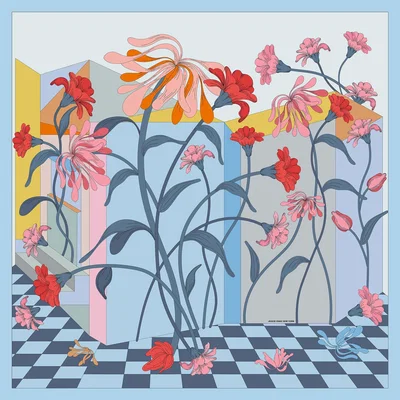 Wolf & Badger Women's Blue / Red Double Sided Silk Scarf Of Flowers Daydreams | Jessie Zhao New York