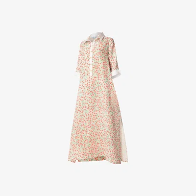 Wolf & Badger Women's Printed Linen Kaftan With Front Buttons And White Details Red Starflowers-White | Large | Haris Cotton