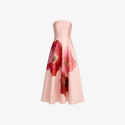 Wolf & Badger Women's Pink Strapless A-Line Midi Dress With Flower Print | Extra Small | Mac Duggal