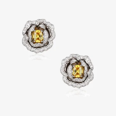 Wolf & Badger Women's Yellow / Silver 'Marchioness' Flower-Motif Silver Earrings With Yellow Crystal | Santinni