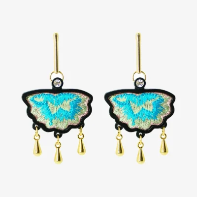 Wolf & Badger Women's Handmade Acrylic Earring Embroidered Flower Black | Gissa Bicalho