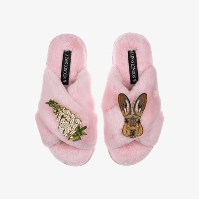 Wolf & Badger Women's Pink / Purple Classic Laines Slippers With Hare & White Foxglove Flowers Brooches - Pink | Medium | Laines London