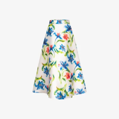 Wolf & Badger Women's Green / Blue / White Cornflower Print Midi Skirt | Extra Large | Marianna Déri