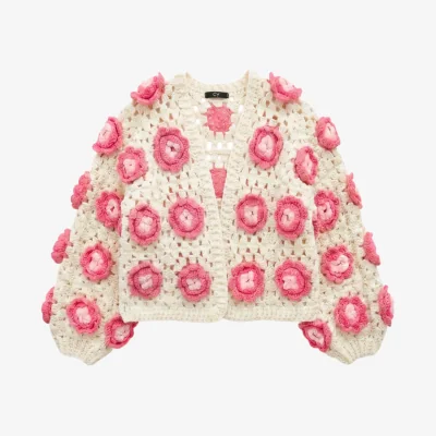 Wolf & Badger Women's White Statement Crochet Flower Cardigan – Cream & Pink | One Size | Cy Boutique