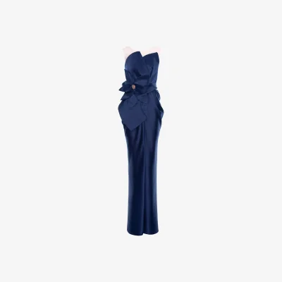 Wolf & Badger Women's Blue Iris Satin Dress With Oversized Flower Applique | Extra Large | Acob À Porter