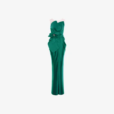 Wolf & Badger Women's Green Cristina Satin Dress With Oversized Flower Applique | Extra Large | Acob À Porter
