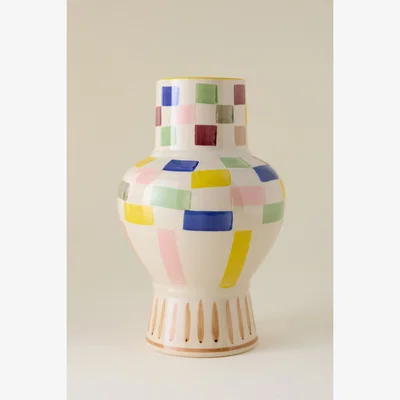 Anthropologie Hand-Painted Check Stoneware Vase
