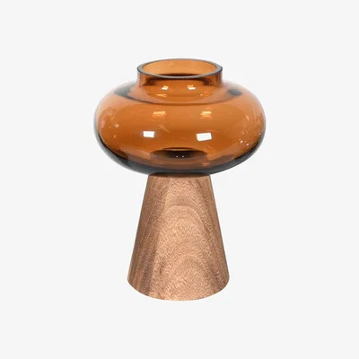 Barker and Stonehouse Amber Vase - Dia:16cm x H22cm - Glass Shape Set Upon Beautiful Natural Wood - Barker &amp; Stonehouse
