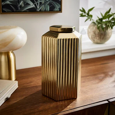 Dunelm Gold Ribbed Decorative Hexagonal Ginger Jar