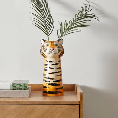 Dunelm Ceramic Tiger Head Vase 30cm Orange/White