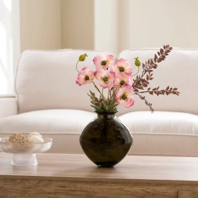 Dunelm Artificial Poppies in Charcoal Glass Vase