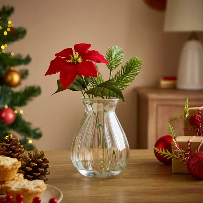 Dunelm Artificial Red Poinsettia Arrangement in Ribbed Glass Vase Red