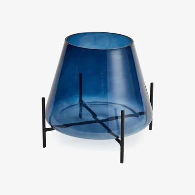 Dunelm Blue Glass Conical Vase with Black Metal Stand Blue
