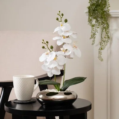 Dunelm Hotel Artificial White Orchid in Silver Pebble Vase