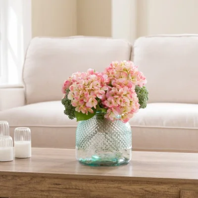 Dunelm Artificial Pink Hydrangea in Clear Glass Vase
