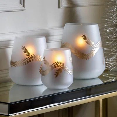 Dunelm Leaf Detail Hurricane Vase Candle Holder Gold