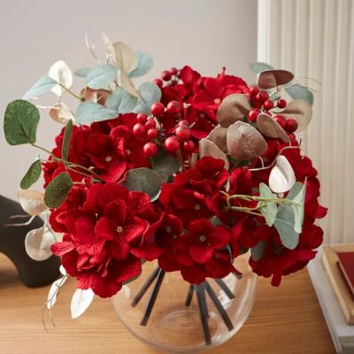 Dunelm Artificial Red Hydrangea & Gold Eucalyptus Arrangement in Round Glass Vase