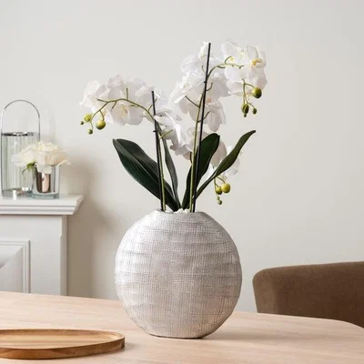 Dunelm Artificial Real Touch White Orchid in Flat Silver Vase
