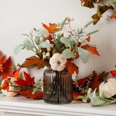 Dunelm Artificial Pumpkin Arrangement in Ribbed Glass Vase