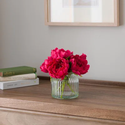 Dunelm Artificial Pink Peony in Ribbed Glass Vase
