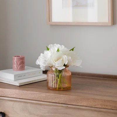 Dunelm Artificial Parrot Tulip in Apricot Ribbed Glass Vase
