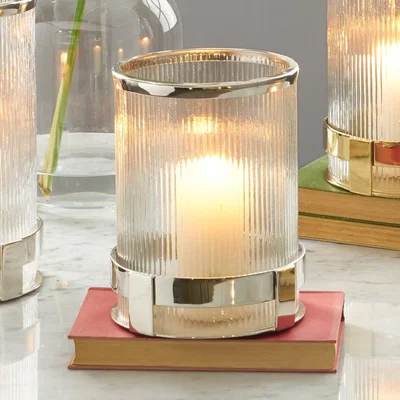 Dunelm Metal and Clear Textured Small Hurricane Vase Silver