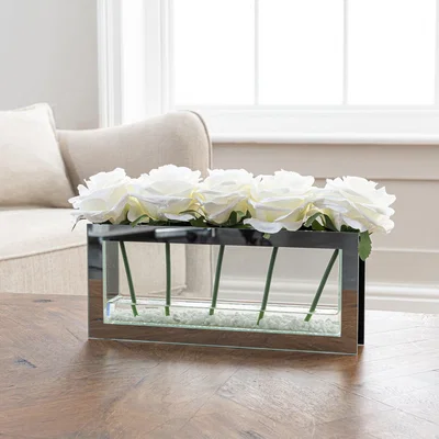 Dunelm White Roses In Mirrored Edge Vase White