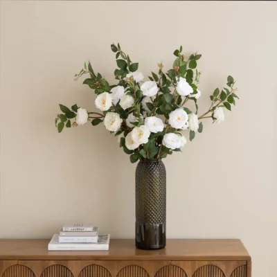 Dunelm Artificial Cabbage Roses in Charcoal Glass Vase