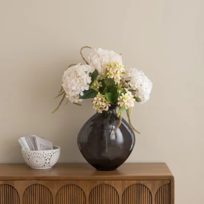 Dunelm Artificial Hydrangeas & Grass in Charcoal Glass Vase