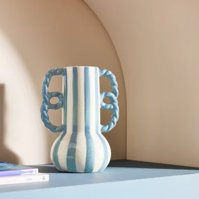 Habitat Habitat Stripe Ceramic Blue Vase with Wavy Handles